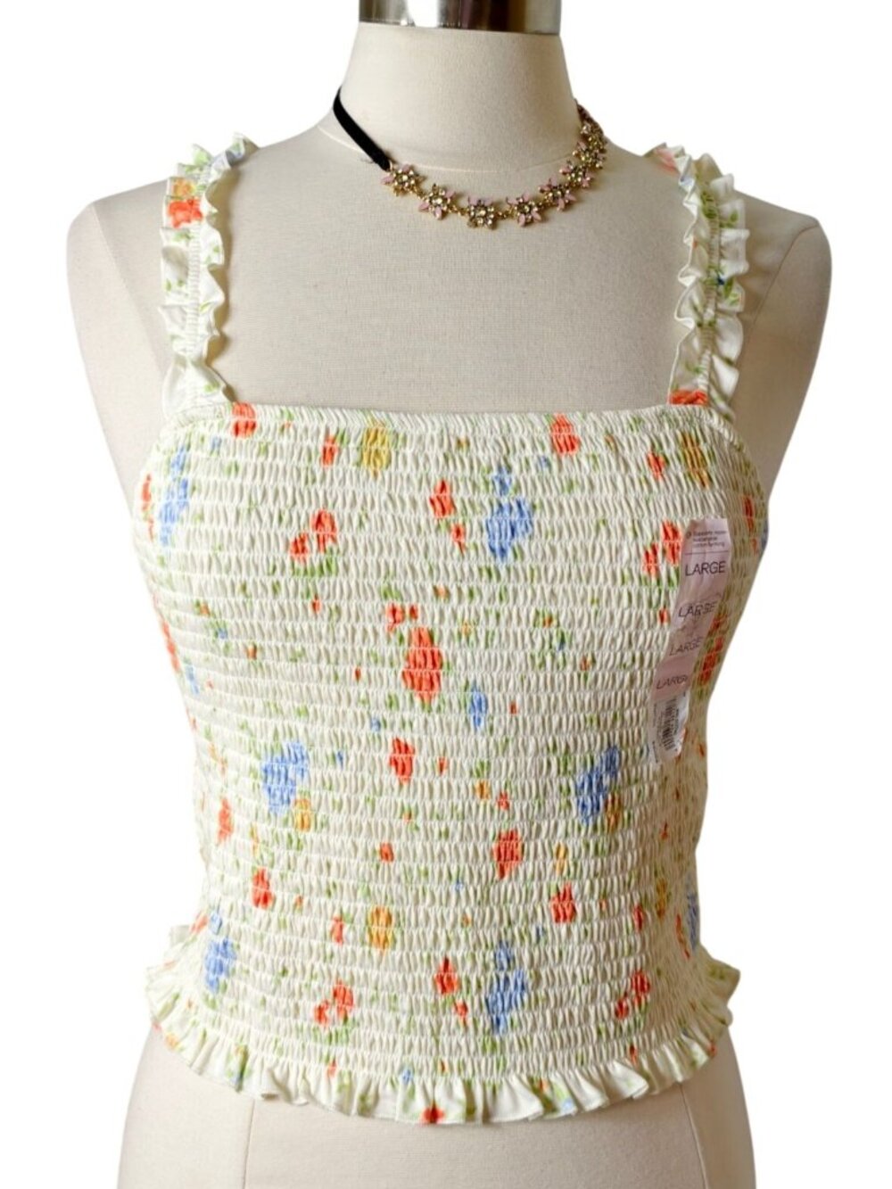 SO Womens L Ruffle Crop Top Floral Y2K Smocked Tank Cottagecore Fairy Summer NEW
